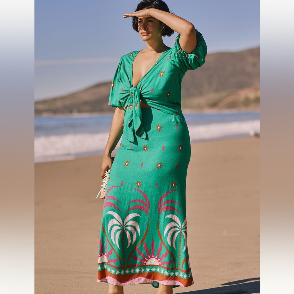 Anthropologie Green Midi Dress with Pink & White Motif - Picture 5 of 14